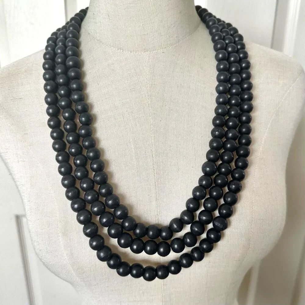 Wood beaded multi strand chunky vintage statement necklace